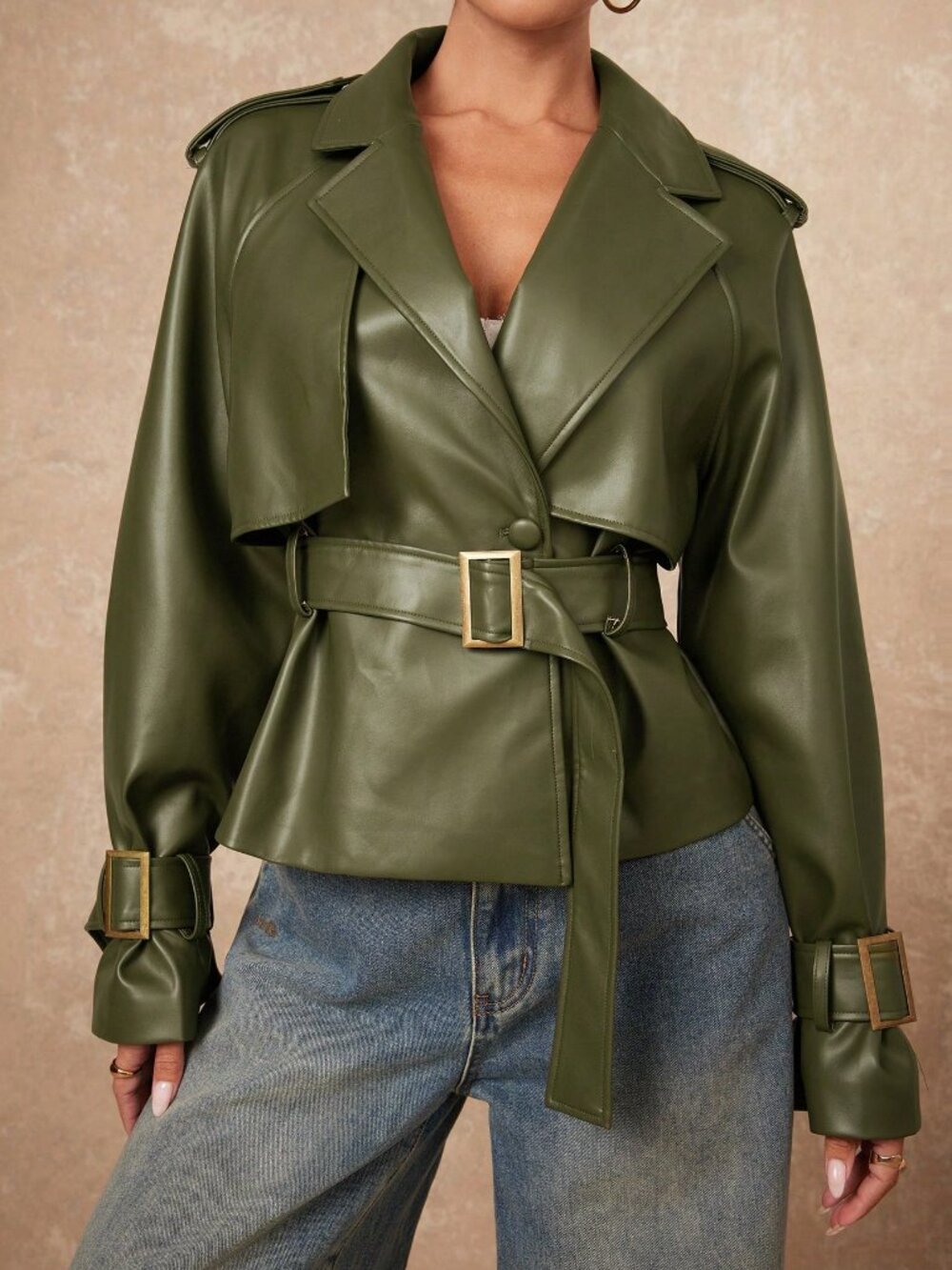 Olive Green Casual Women's Raglan Long Sleeve Jacket - Picture 6 of 7